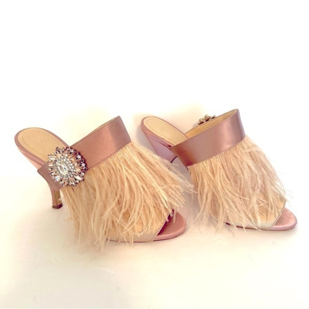 Zara Blush Pink Feathered Mules with Crystal Brooch